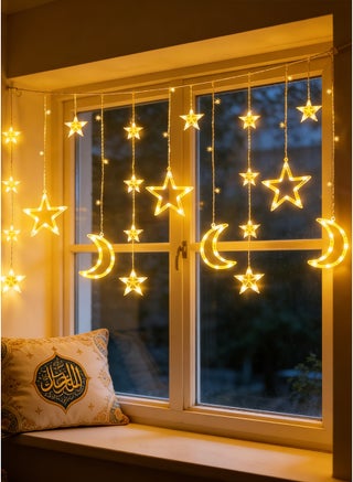 أضواء رمضان المتسلسلة، أضواء النجوم والقمر، مع جهاز تحكم عن بعد وصندوق بطاريات، أضواء زخرفية بيضاء دافئة، مناسبة للحدائق والشرفات وغرف النوم، ديكورات رمضان - view 4
